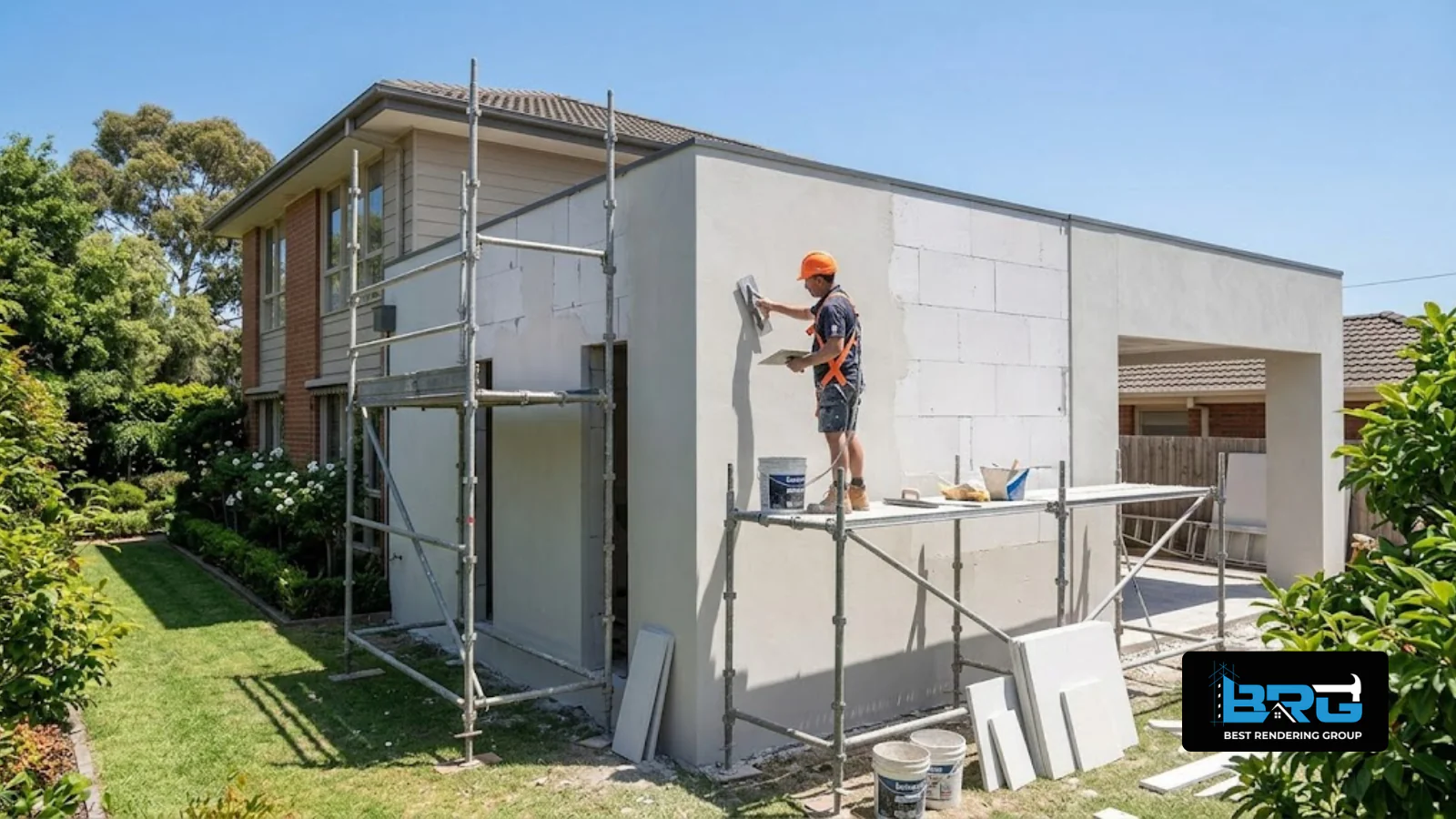 A tradesperson finishing acrylic render over a newly installed Hebel extension on the side of a large family home in Keysborough, Melbourne, generous garden visible.
