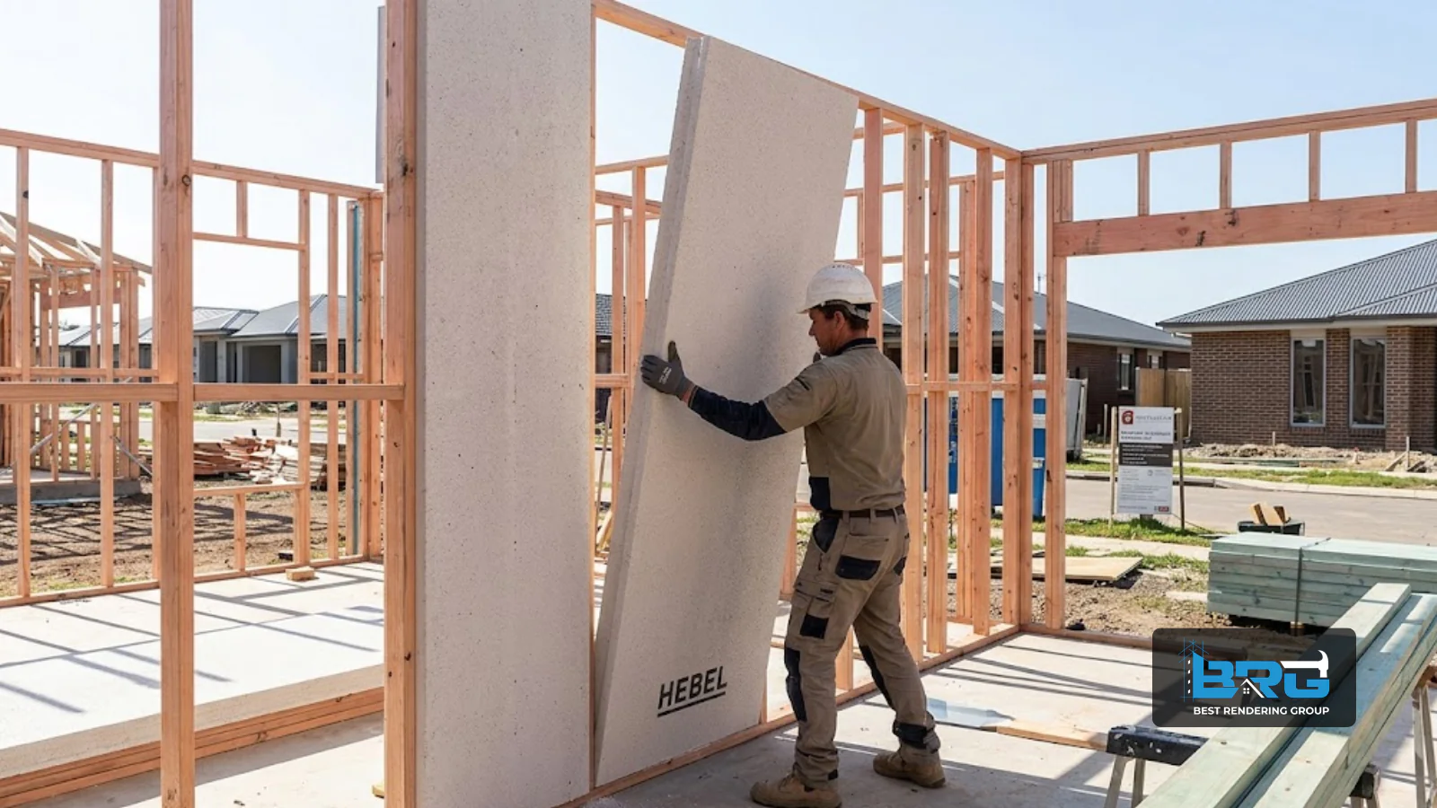 A tradesperson lifting and fixing a Hebel AAC panel to the timber frame of a new home under construction in Cranbourne East, Melbourne, construction site setting.