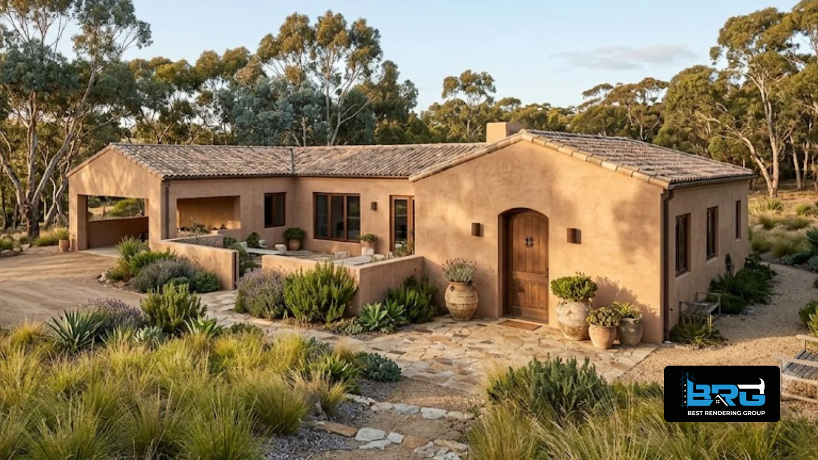 Mediterranean-style rendered home in warm sand and terracotta tones with a native Australian garden