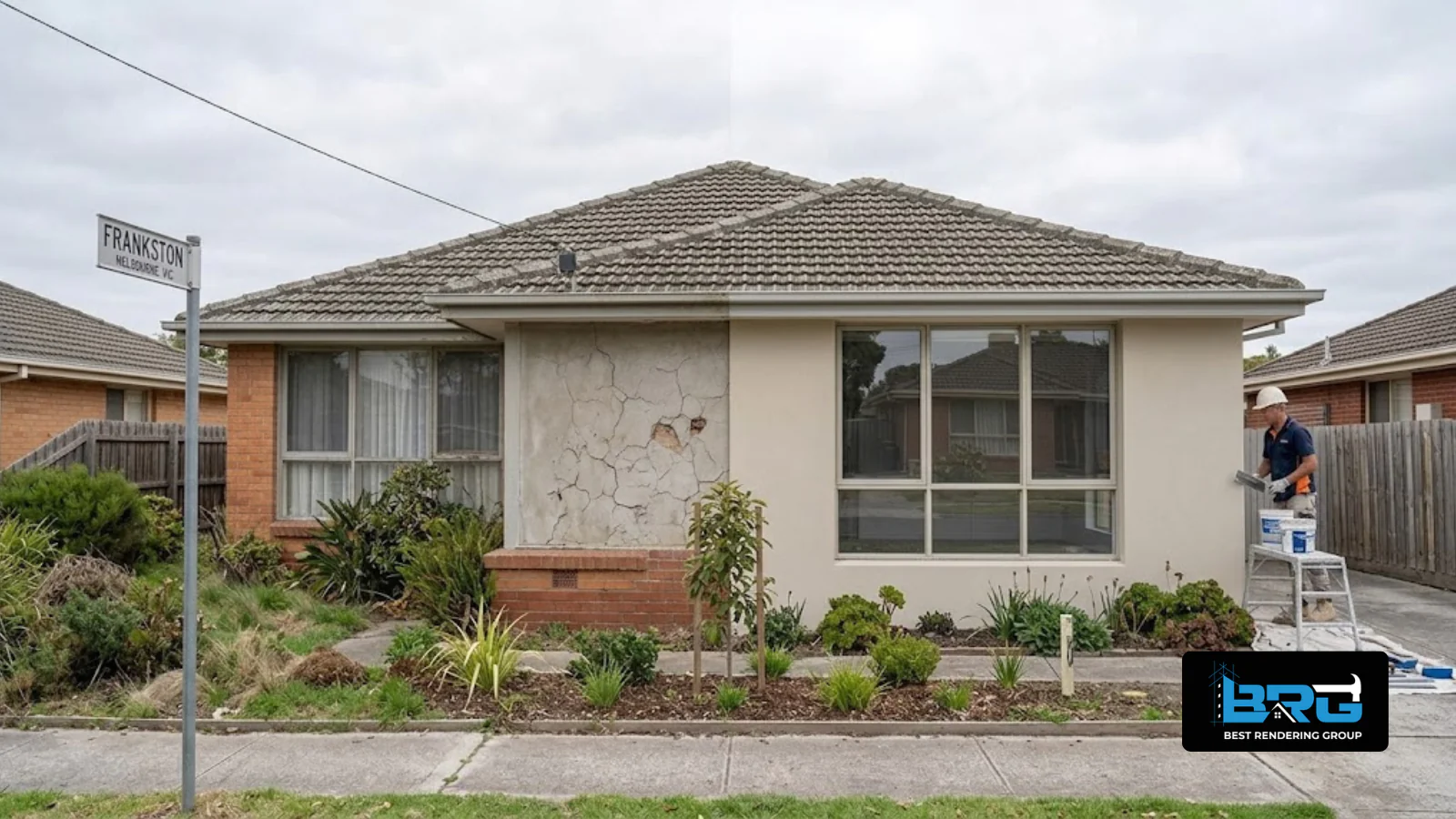A single-storey home exterior in Noble Park, Melbourne, shown mid-project with one half of the facade freshly rendered in a clean modern finish and the other half still showing the older, weathered original render.