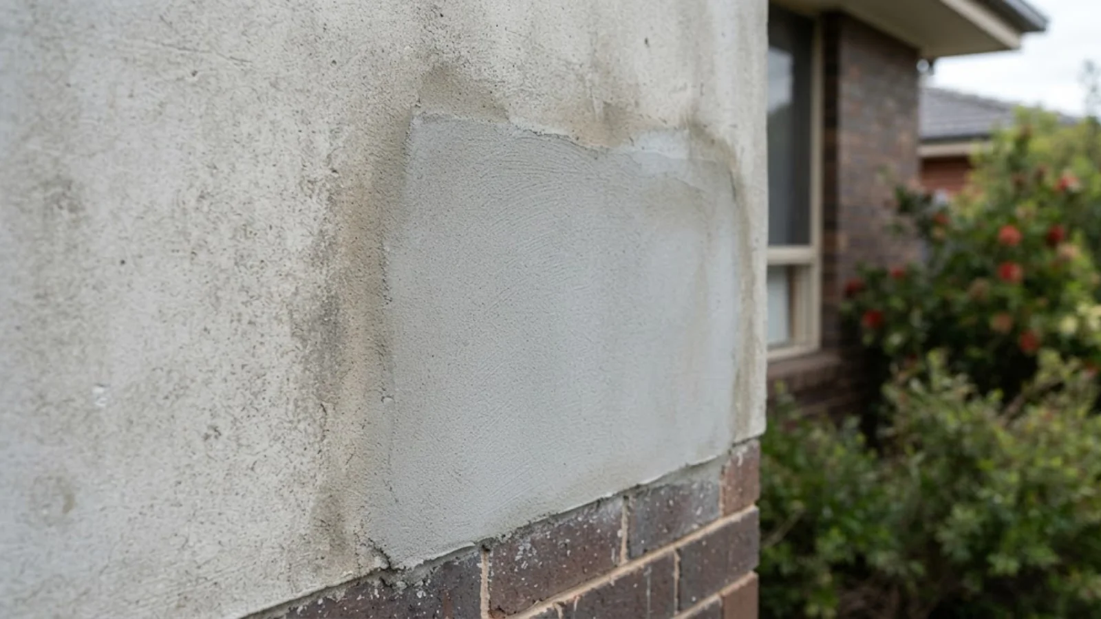A close-up photographic-style image showing a freshly repaired section of cement render on an established brick home, seamlessly blended with the surrounding older render texture, natural outdoor lighting, focus on craftsmanship and finish quality.