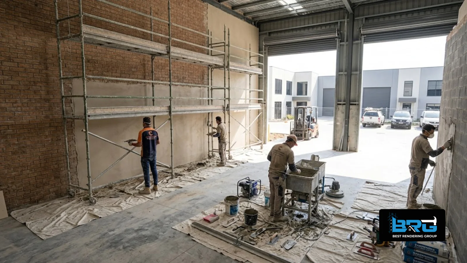 A tradesperson applying cement render to the exterior wall of a factory unit in Dandenong's industrial precinct, Melbourne.