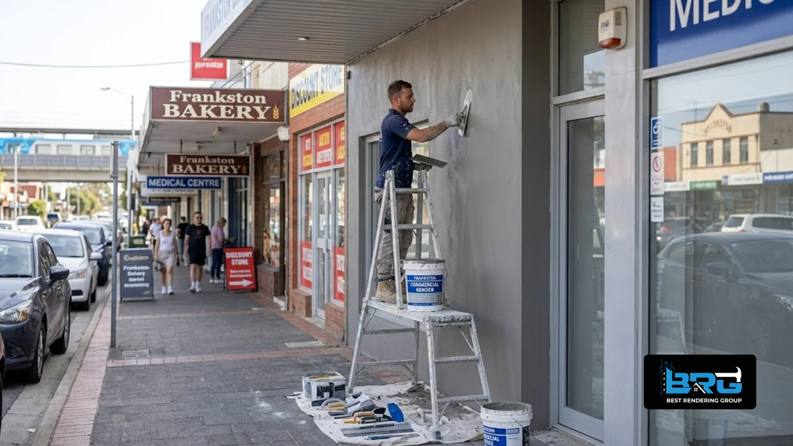 A tradesperson rendering the facade of a small commercial shopfront near Frankston's town centre, Melbourne, ladder and tools visible, busy suburban street context.