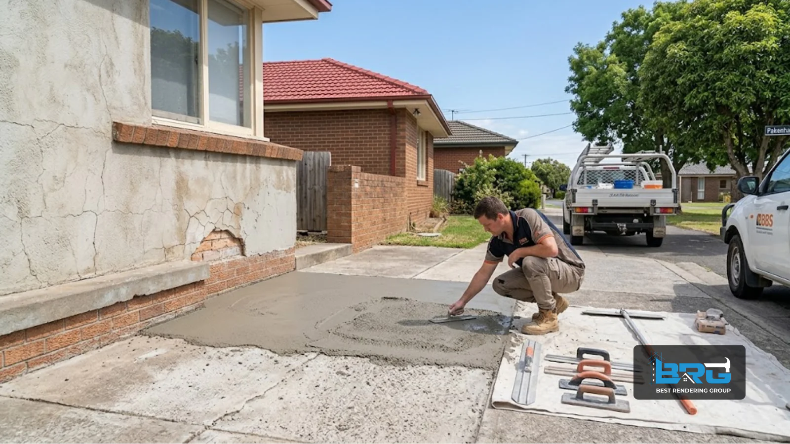A tradesperson applying a resurfacing treatment to an existing concrete driveway outside a suburban home in Pakenham, Melbourne, trowel and finishing tools visible.