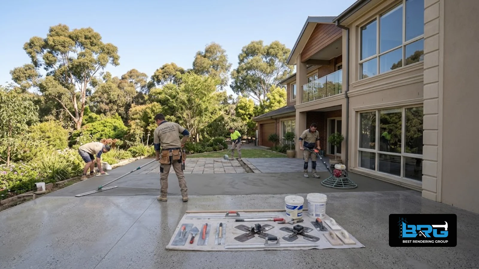 Tradespeople finishing a concrete outdoor entertaining area beside a large family home in Rowville, Melbourne, trowels and finishing tools visible, established trees in the background.