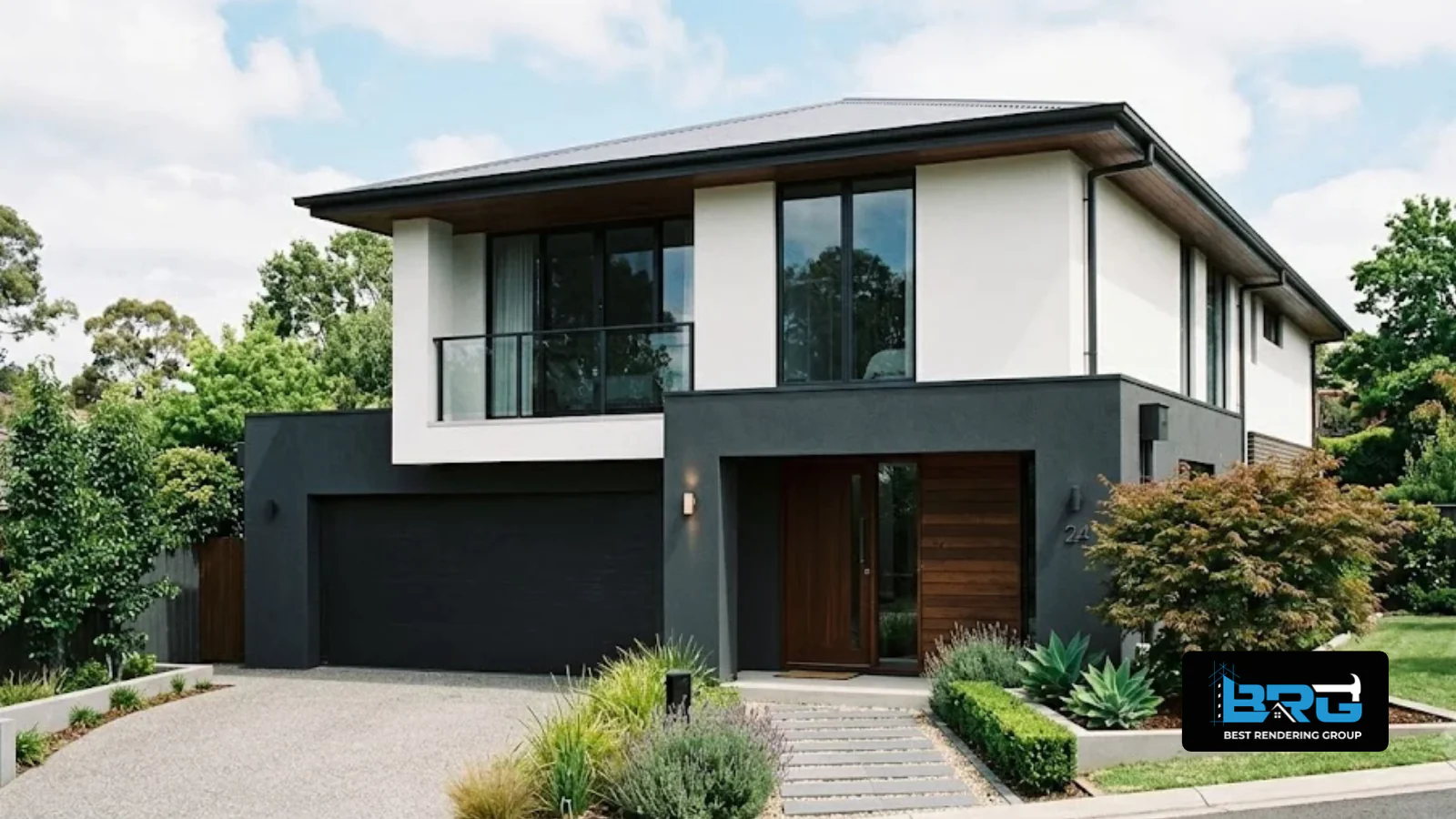 Contemporary home exterior featuring a two-tone render design with a white upper level and charcoal base