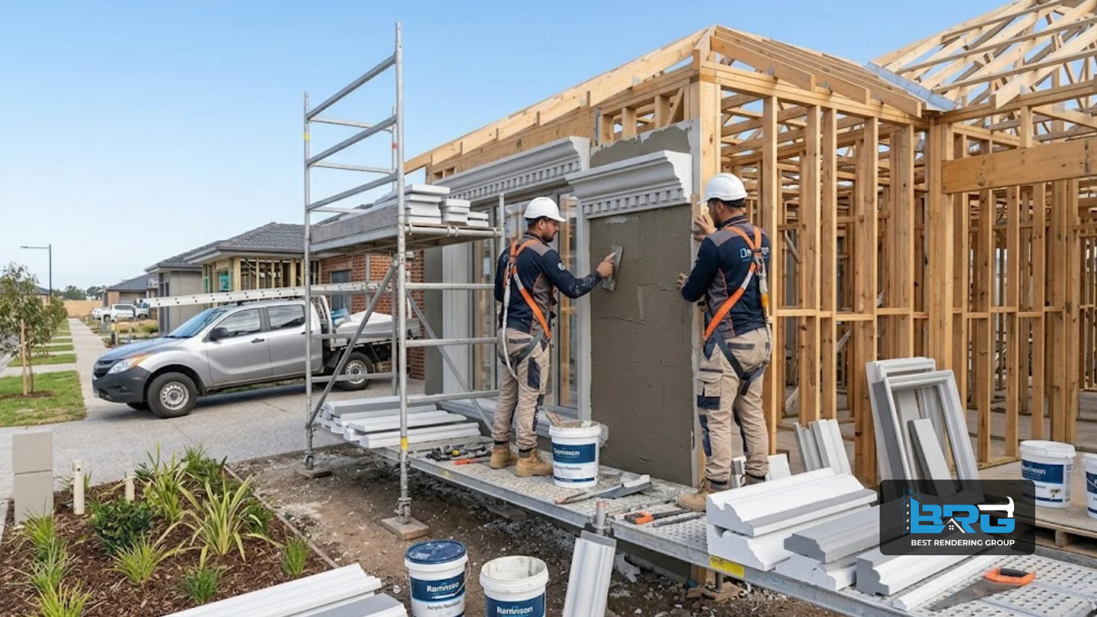 Two tradespeople fitting lightweight EPS foam facade detailing to the front elevation of a new home under construction in Officer, Melbourne, timber frame visible, scaffolding.