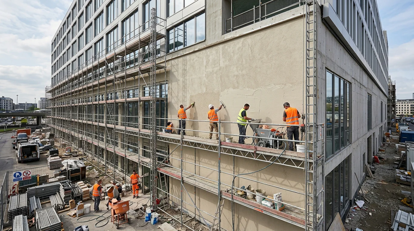Crew of tradespeople rendering a large commercial building facade from scaffolding