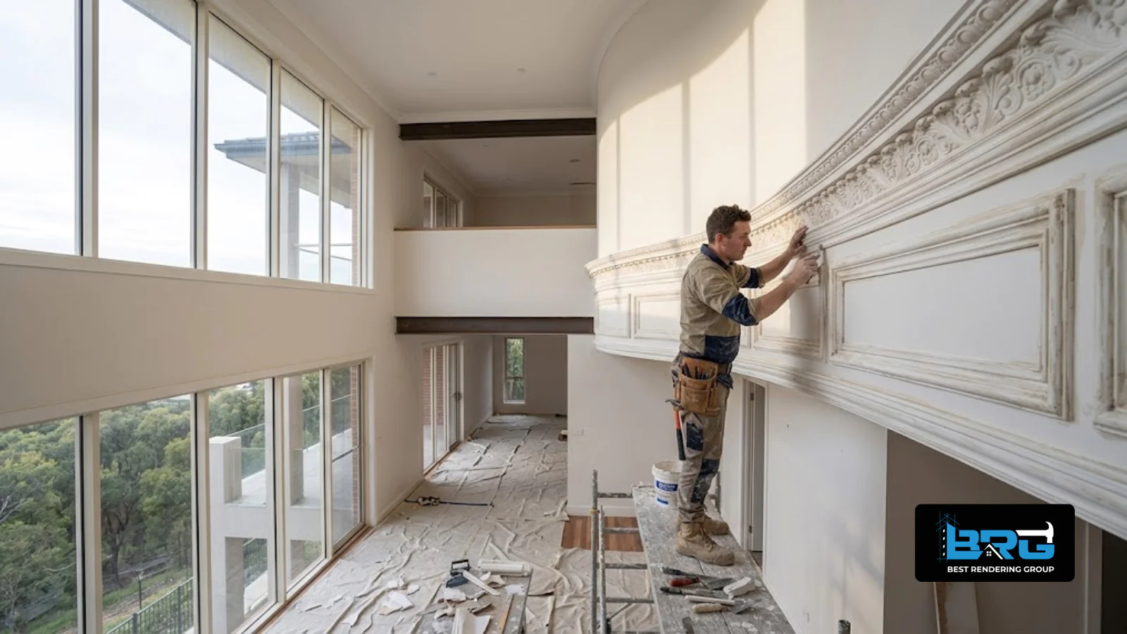 A tradesperson carefully installing a custom architectural moulding feature piece on an interior wall of a large, elevated home in Frankston South, Melbourne, natural light, high ceilings visible.