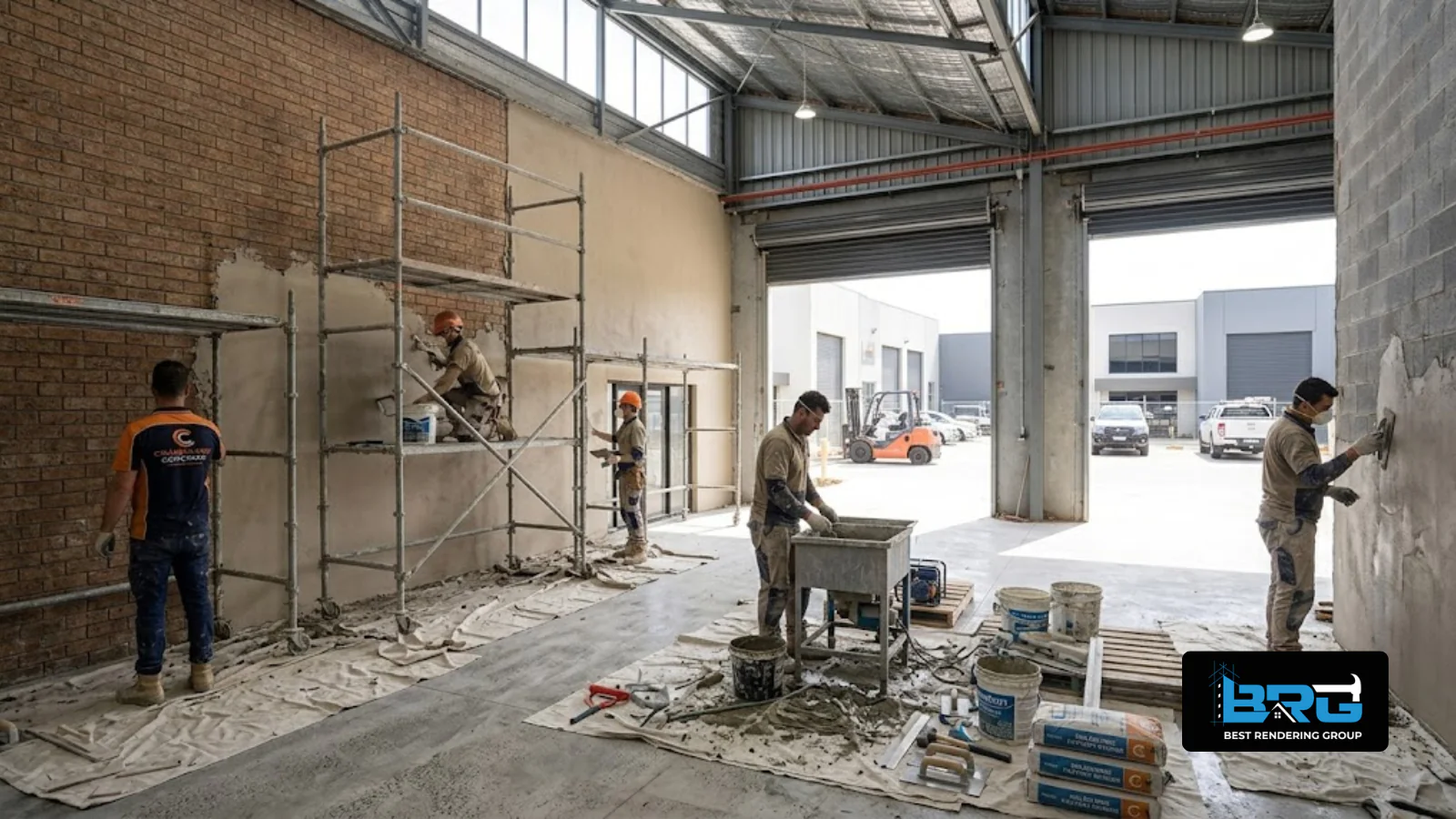 A tradesperson applying render to the exterior of a factory unit in the Noble Park North industrial precinct, Melbourne, commercial roller doors and loading area visible.