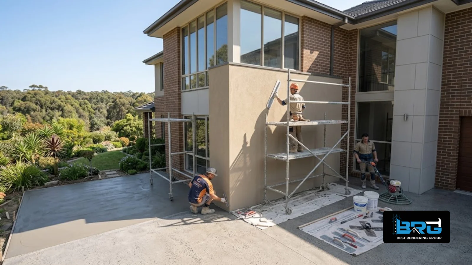 A tradesperson finishing a feature acrylic render wall on a large executive-style home near Lysterfield Lake Park, Melbourne, established landscaping and bushland backdrop, bright daylight.