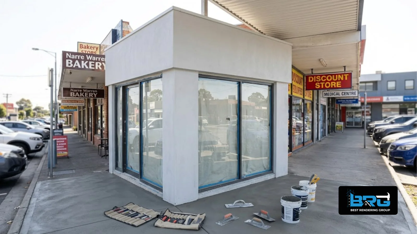 A newly finished, smooth concrete surface outside a light-commercial building in Narre Warren, Melbourne, finishing tools and a trowel left on the surface.