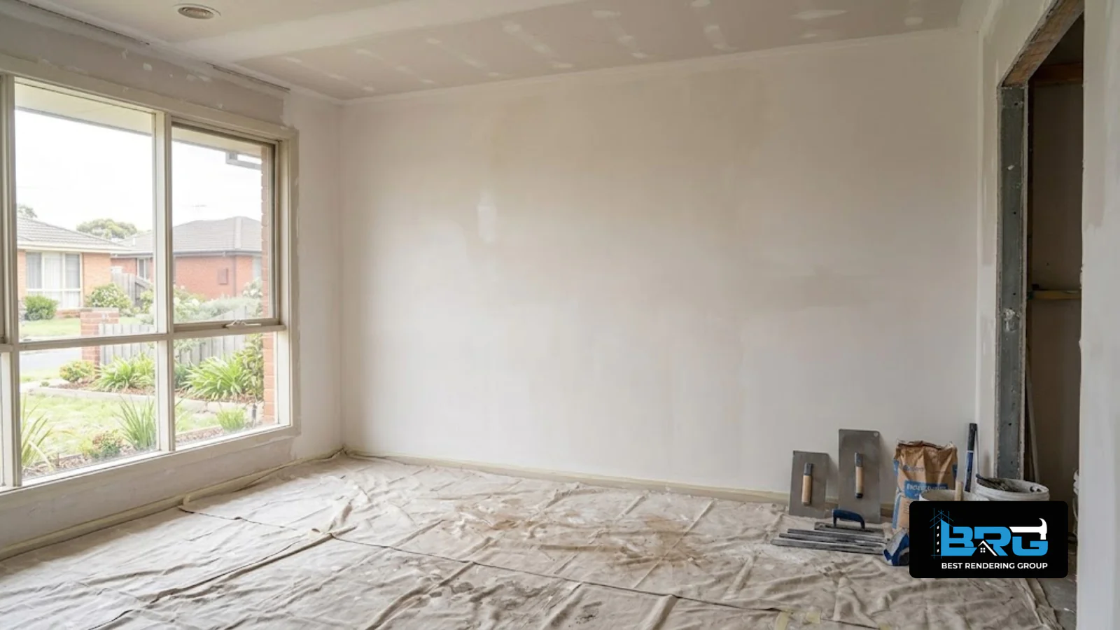 A freshly plastered, smooth, paint-ready interior wall inside a home undergoing renovation in Dandenong North, Melbourne, natural daylight, drop sheets on the floor.