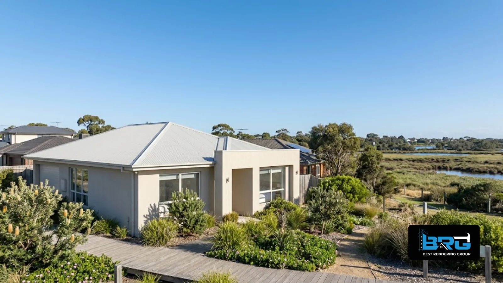 A freshly rendered single-storey beach-style home near the Edithvale-Seaford Wetlands, Melbourne, coastal vegetation nearby, clear daytime sky.