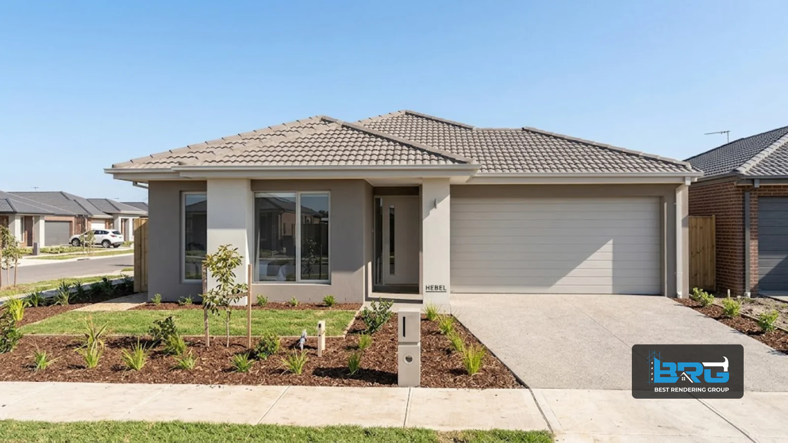 A newly completed single-storey home in a new housing estate with smooth acrylic render finish in a neutral display-village colour scheme, clear sky, new landscaping and driveway.