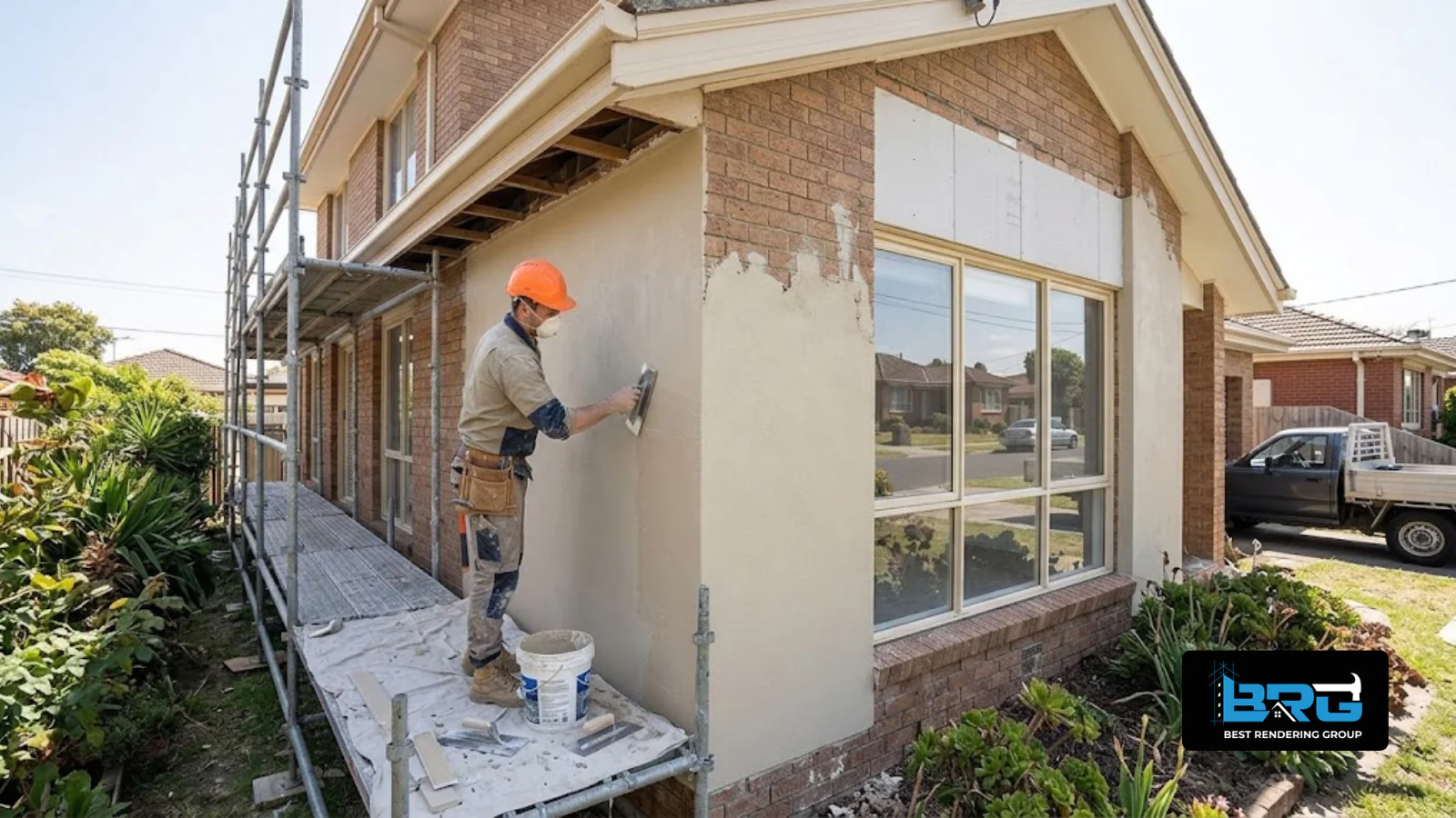 A tradesperson applying a full new acrylic render coat to the exterior of an older 1970s-style brick veneer home in Noble Park, Melbourne, scaffolding along one side of the house.