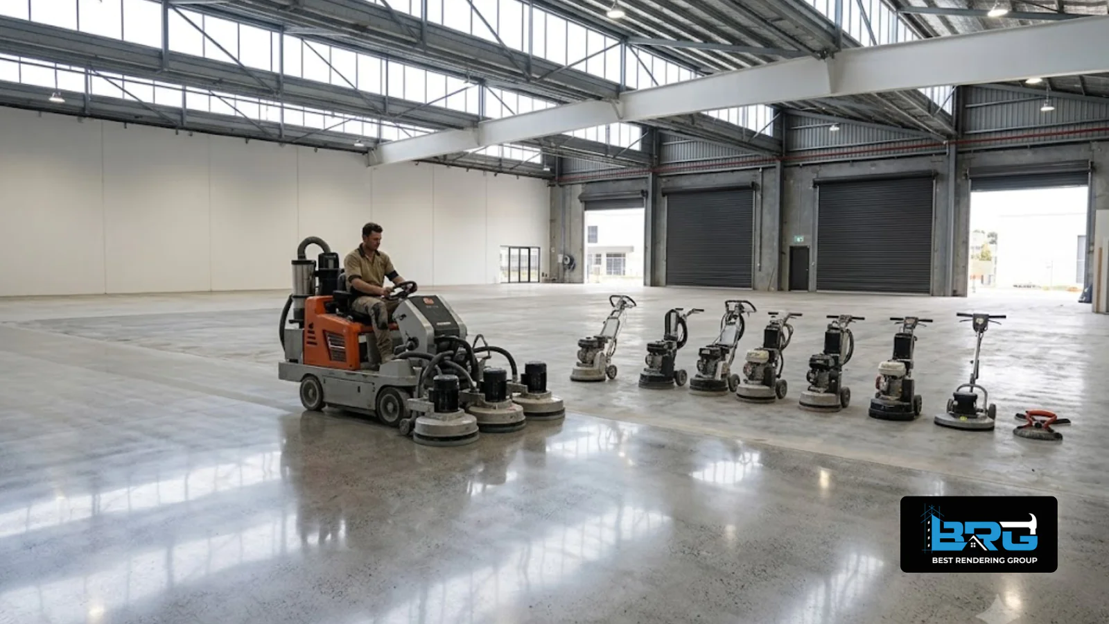 A tradesperson operating a large concrete polishing machine on an extensive warehouse floor near Dandenong South, Melbourne, wide industrial space with high ceilings.