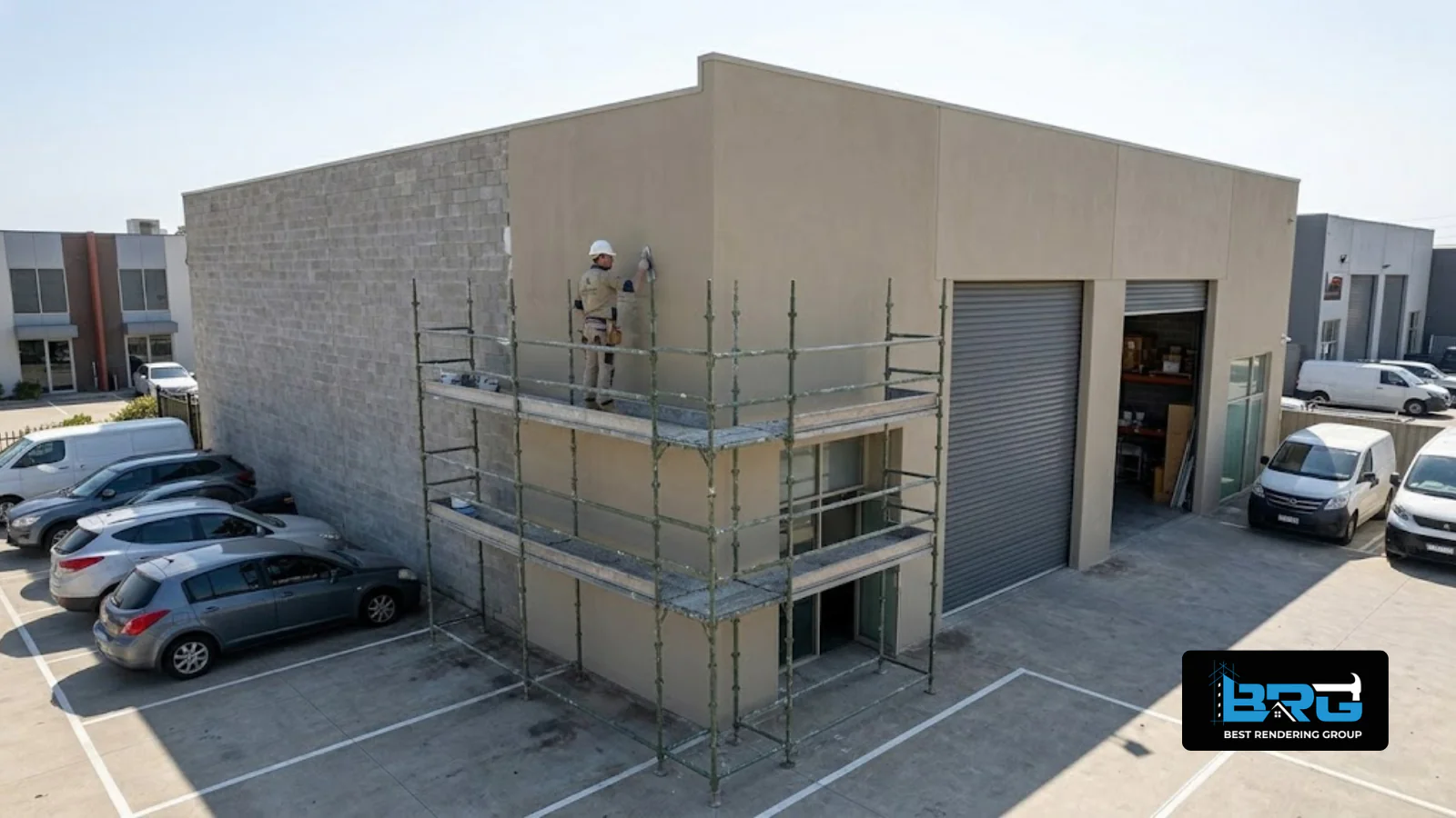 A tradesperson applying render to the exterior of a light-industrial building in Hallam, Melbourne, commercial roller doors and parking area visible.