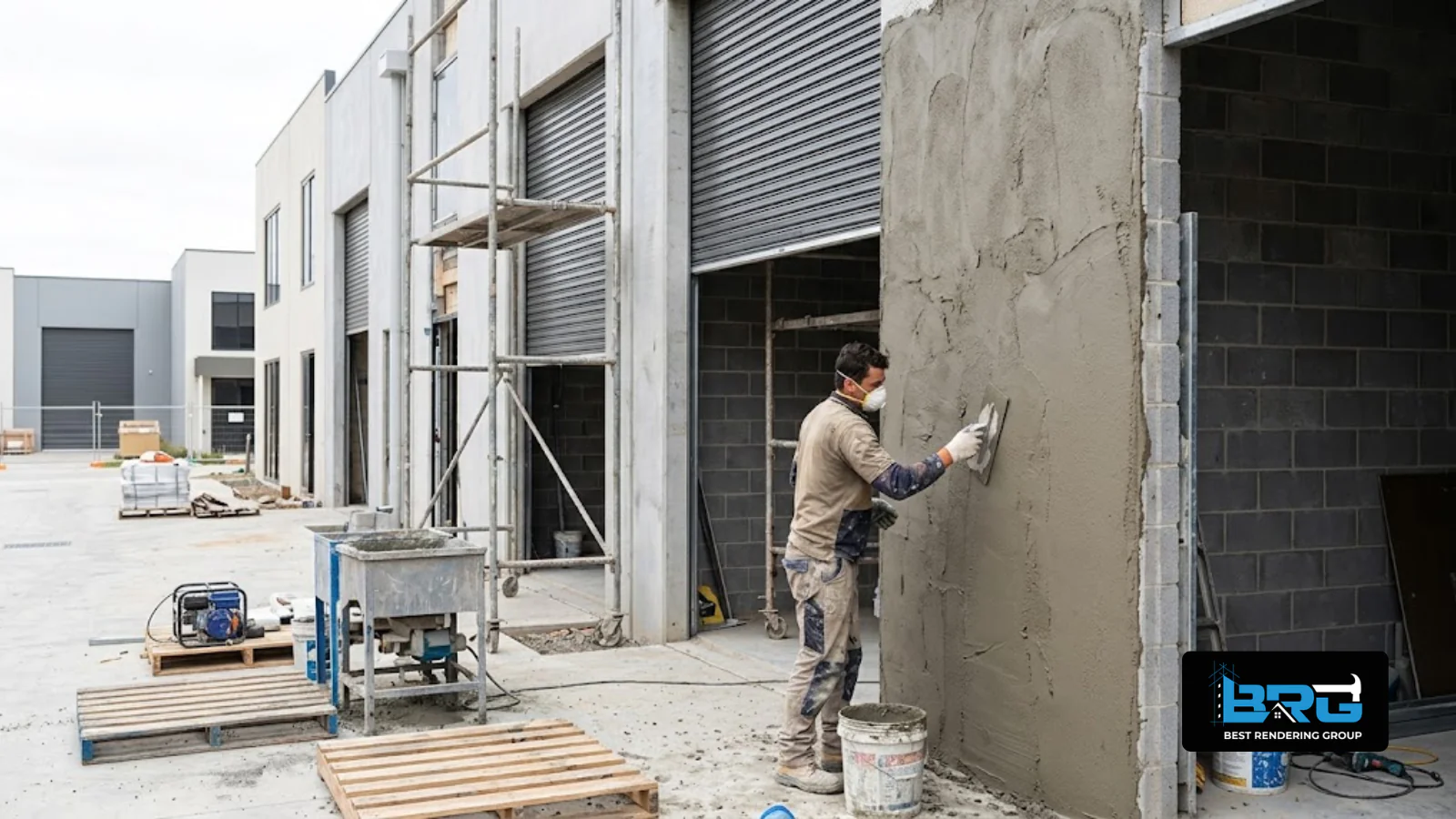 A tradesperson applying cement render to the exterior wall of a light-industrial warehouse unit in Lyndhurst, Melbourne, commercial roller door visible.