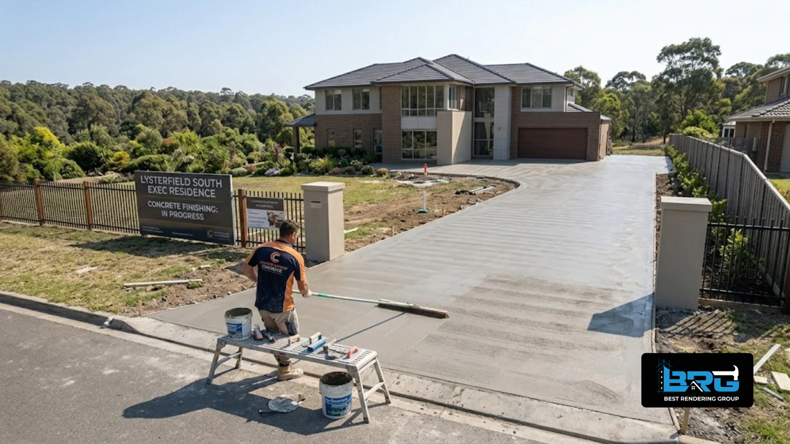 A tradesperson finishing a long concrete driveway leading to a large executive home set back from the road in Lysterfield South, Melbourne, bushland surrounds.