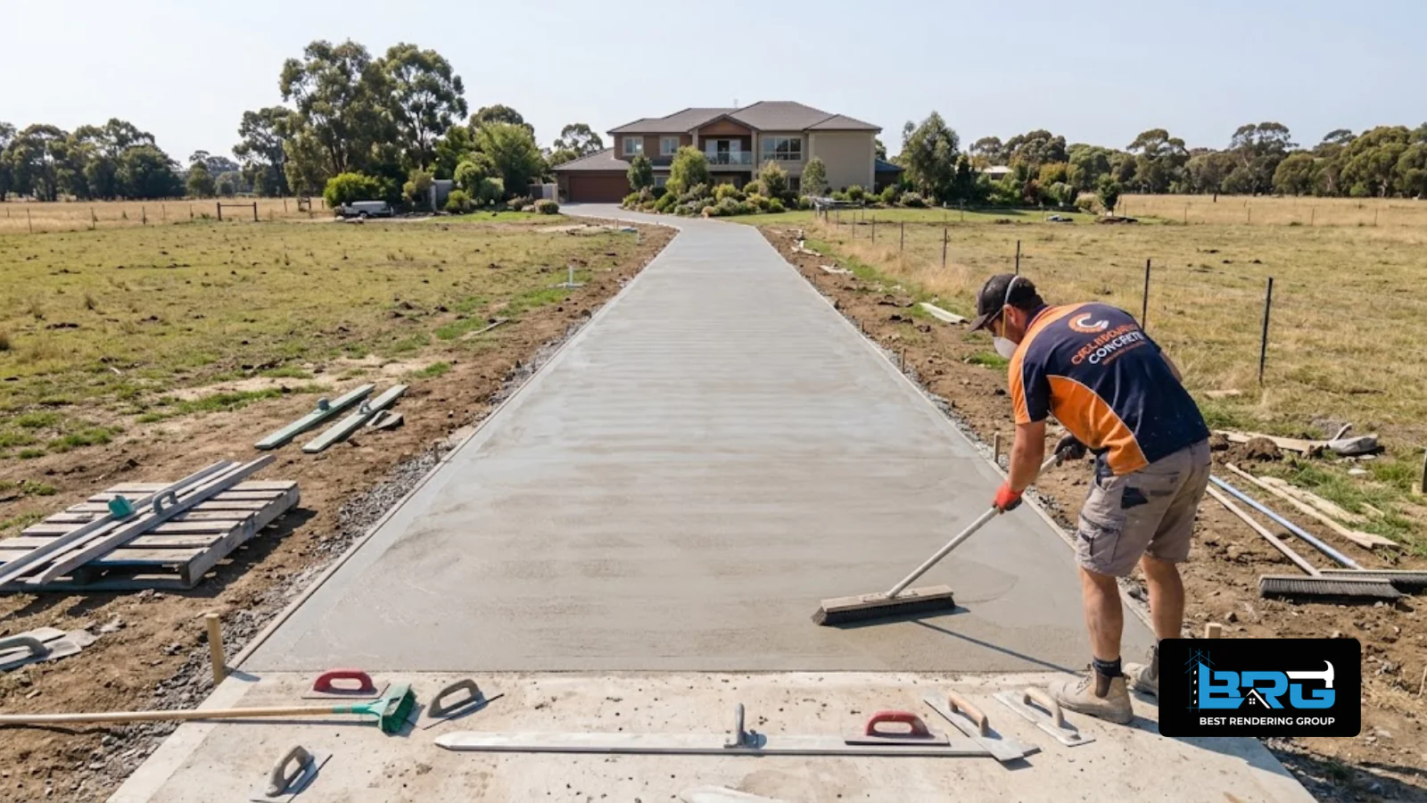 A tradesperson finishing a long concrete driveway leading up to a rural-residential home in Langwarrin South, Melbourne, open paddocks either side.