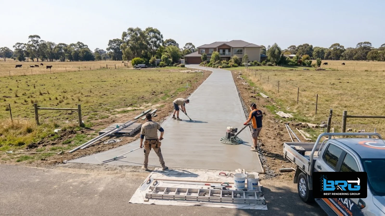 A tradesperson finishing a long concrete driveway on a rural-residential property in Pakenham East, Melbourne, open paddocks either side.