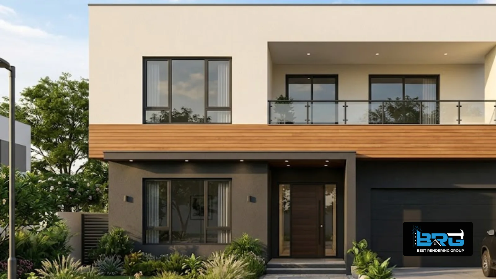 Modern Australian home with a warm white rendered facade and timber front door in Melbourne