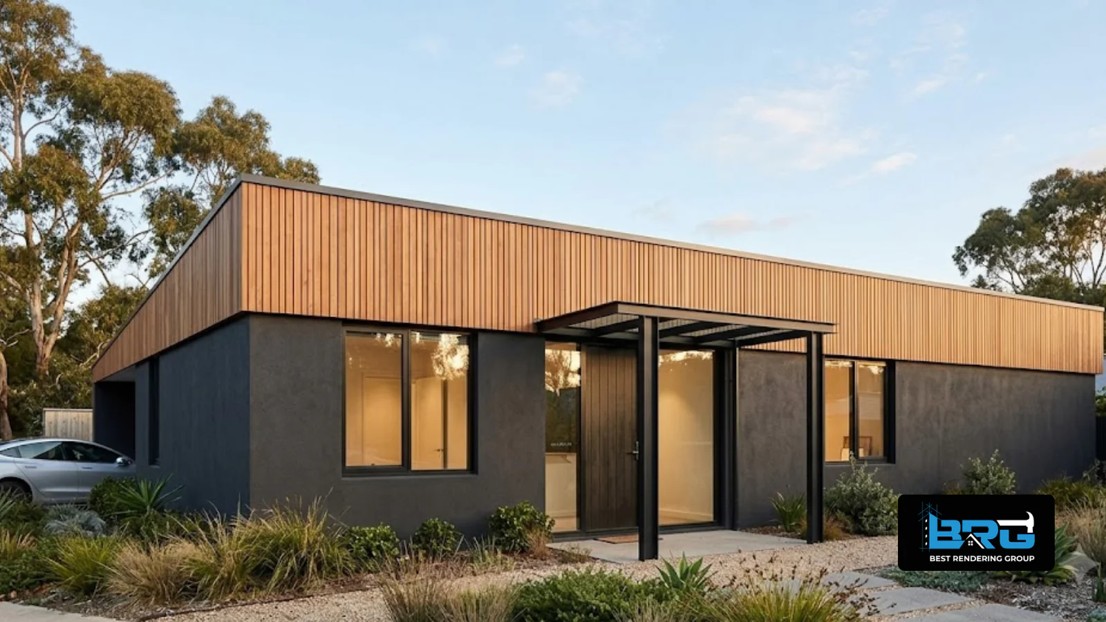 Modern single-storey home with a charcoal rendered facade and timber cladding accents