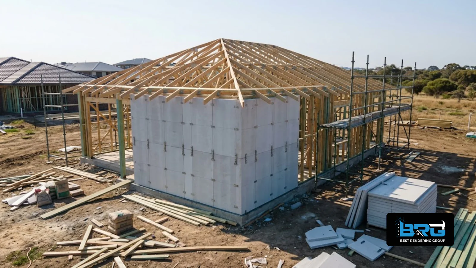 A new single-storey home under construction on a recently cleared estate block near Botanic Ridge, Melbourne, Hebel panels partially installed on one wall, construction materials on site.