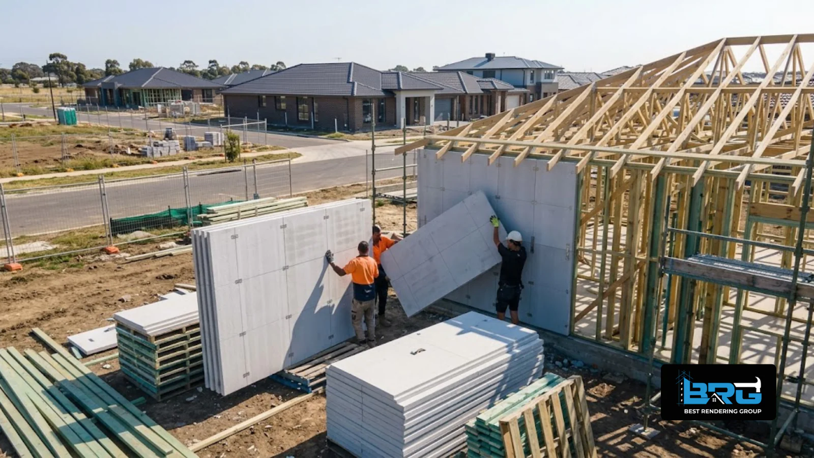 A tradesperson installing Hebel AAC panels on the timber frame of a new home under construction in a residential estate in Lynbrook, Melbourne, construction site setting.