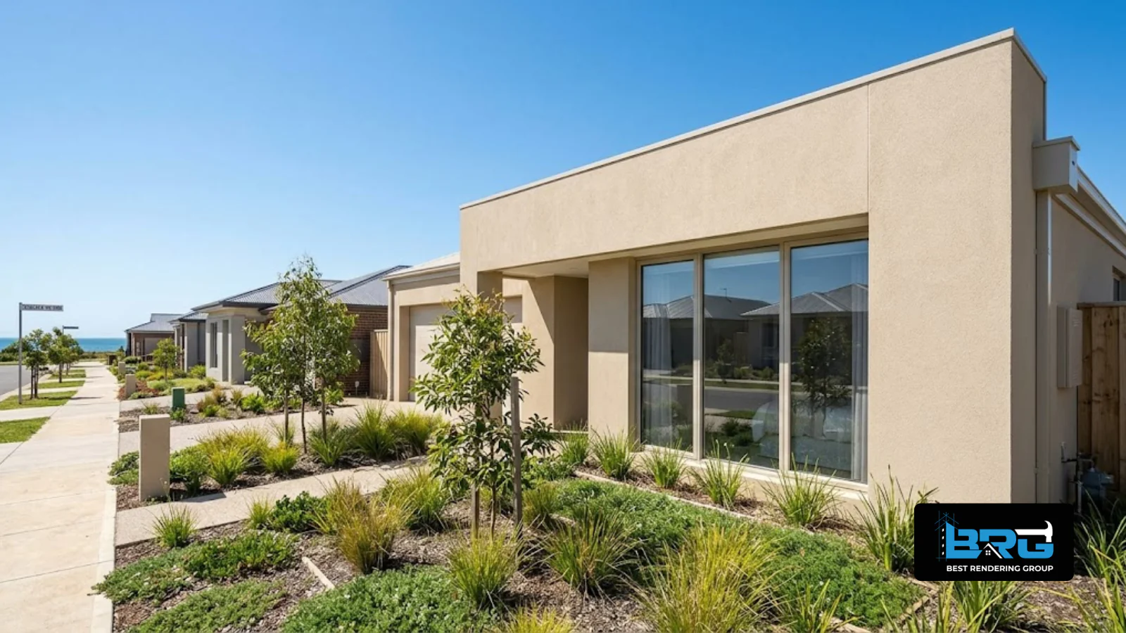 A newly built single-storey home near Chelsea, Melbourne, finished in a light, coastal-toned acrylic render, clear sky, new landscaping.