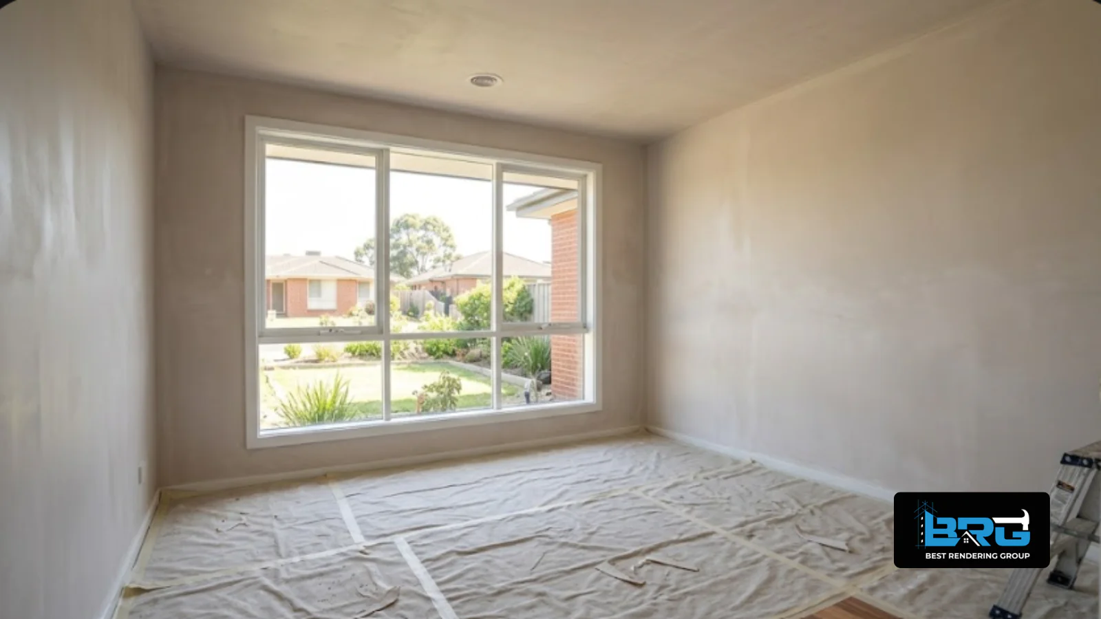 A freshly plastered interior room with smooth, paint-ready walls and ceiling in a renovated family home in Narre Warren South, Melbourne, drop sheets on the floor, natural daylight through a window.