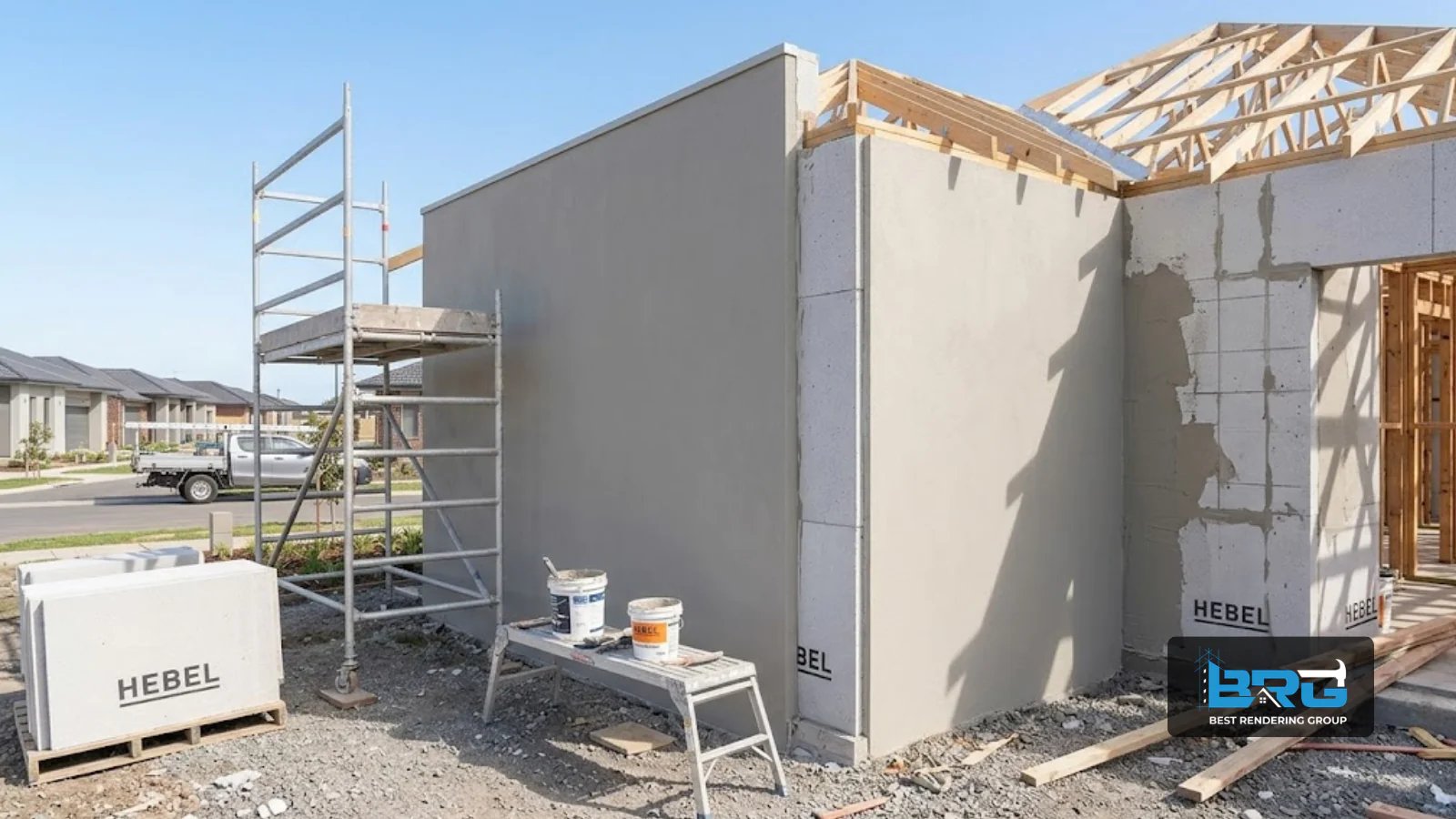 A new single-storey home in Officer, Melbourne, mid-construction, showing a section of finished acrylic render alongside an adjoining wall still showing exposed Hebel AAC panels.