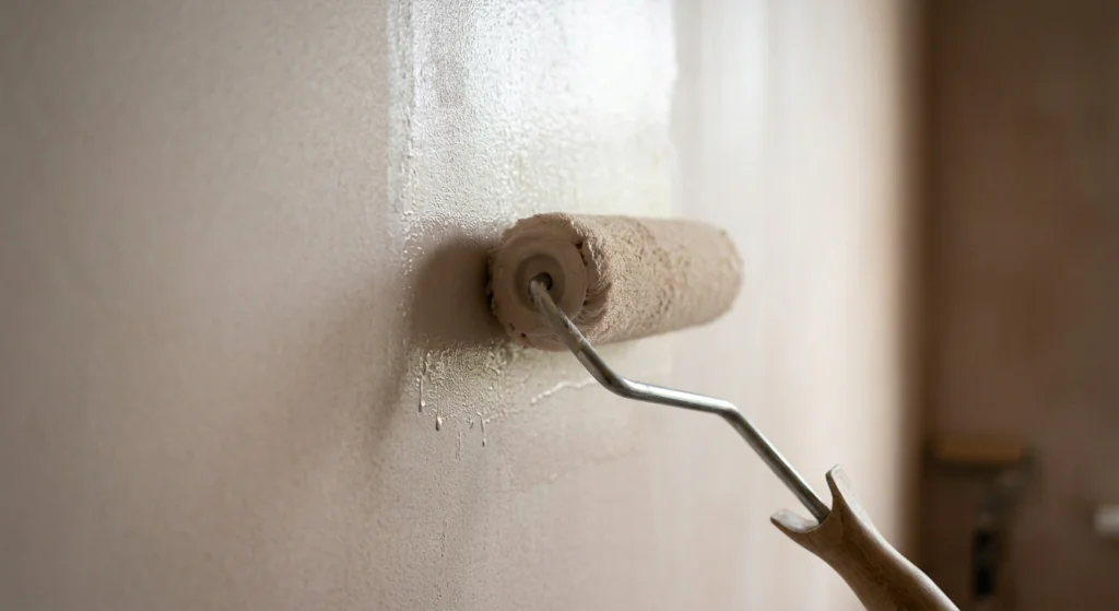 A-paint-roller-applying-a-diluted-mist-coat-of-paint-to-freshly-plastered-wall-surface