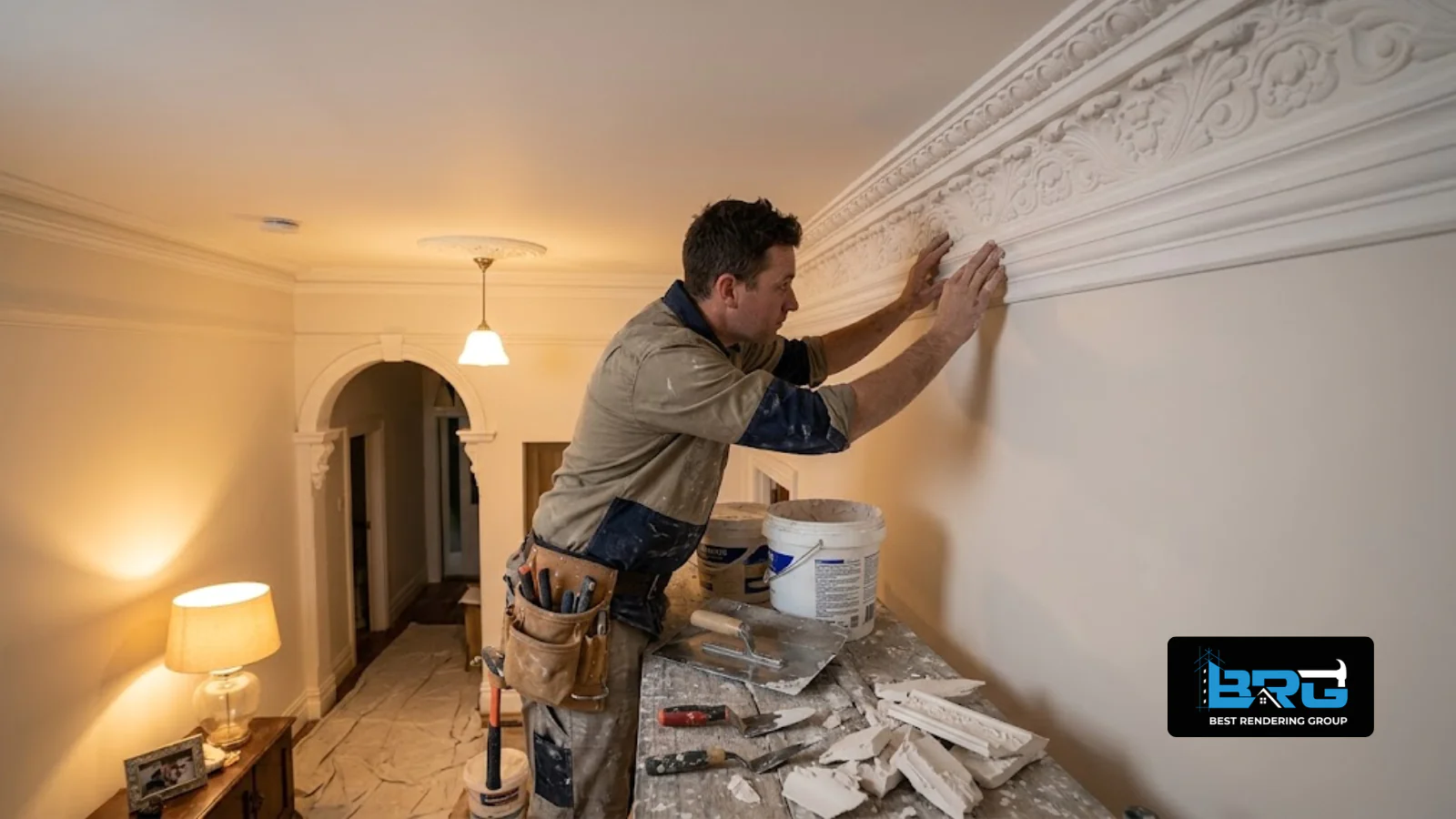 A tradesperson carefully fitting a detailed decorative cornice profile along the ceiling-wall junction inside a renovated period-style home in Berwick, Melbourne, plaster tools and offcuts visible, warm interior lighting.