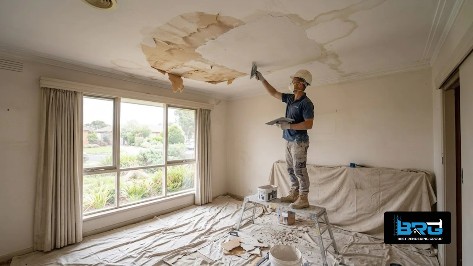 A plasterer patching a section of water-damaged ceiling inside an older home in Frankston North, Melbourne, drop sheet on the floor, natural light from a window, realistic photographic interior style.