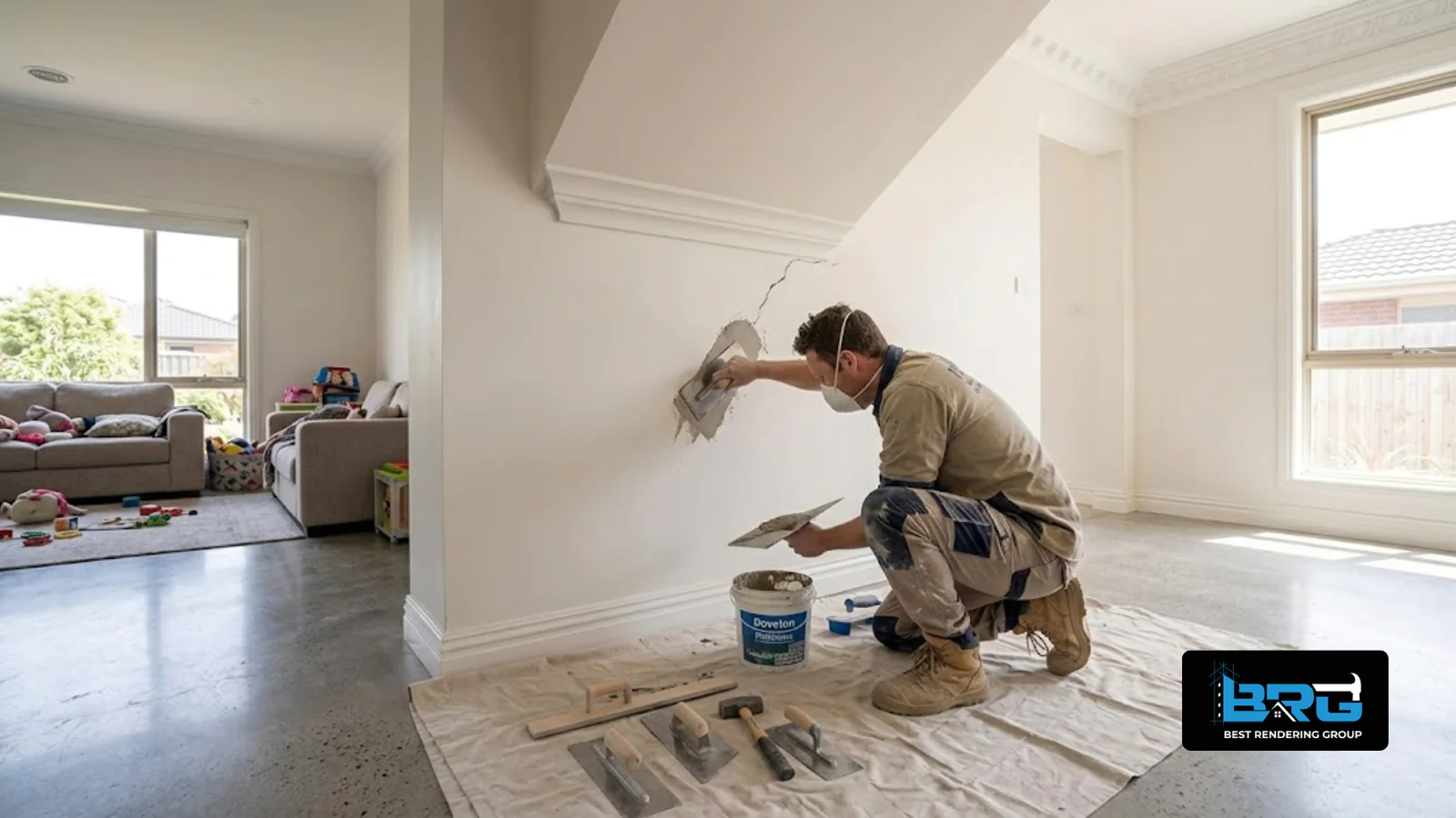 A plasterer patching a crack in an interior wall inside a family home in Endeavour Hills, Melbourne, drop sheet on the floor, natural daylight, realistic photographic interior style.