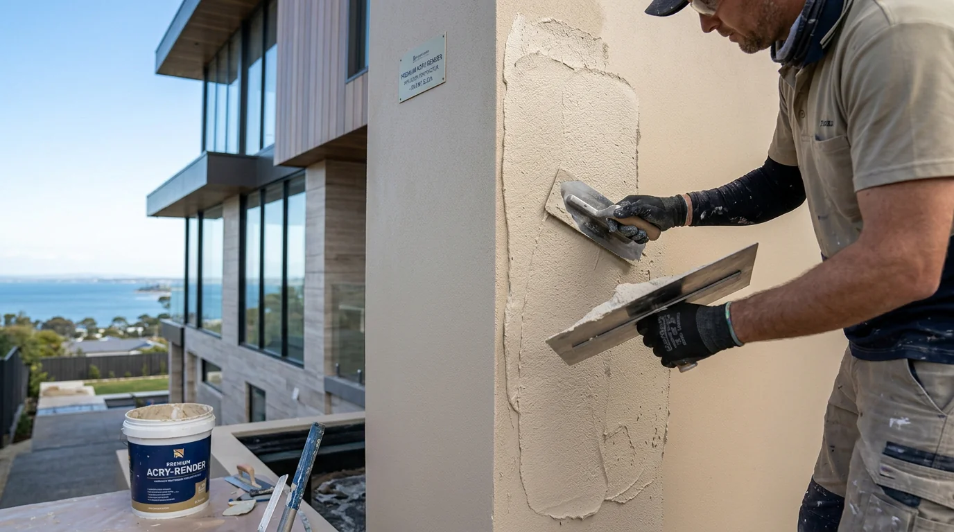 A tradesperson applying a premium smooth acrylic render finish to a higher-end, elevated home in Mount Eliza, Melbourne, leafy established garden, bright daylight.