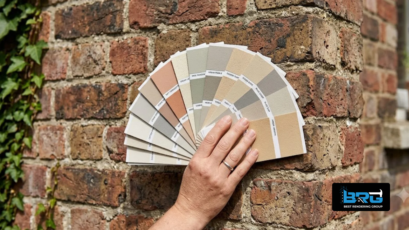 Render colour swatch chart being compared against an existing brick wall sample