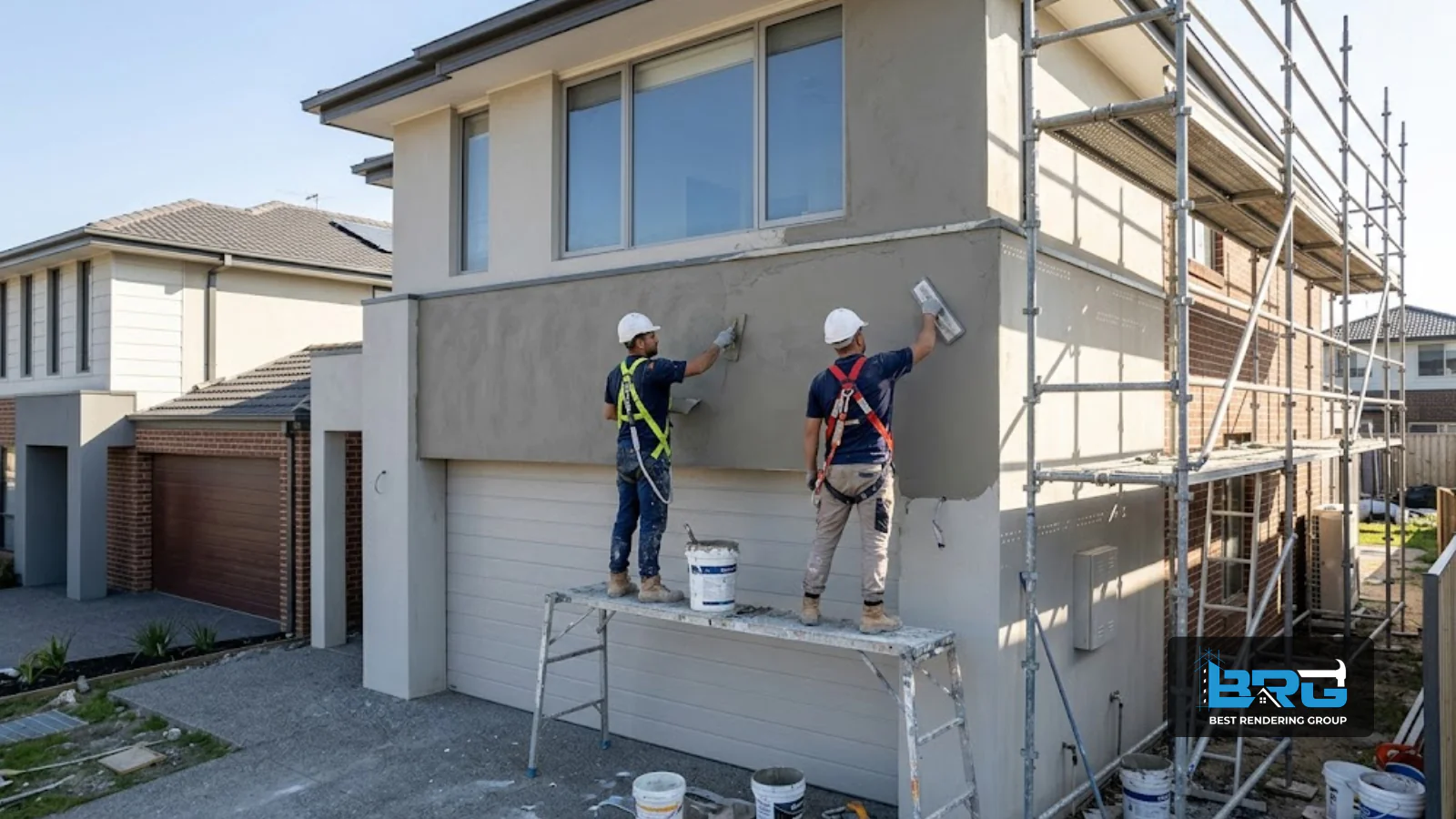 Two tradespeople working together to apply and smooth acrylic render on the exterior wall of a double-storey suburban home in Cranbourne North, Melbourne, scaffolding partially visible.