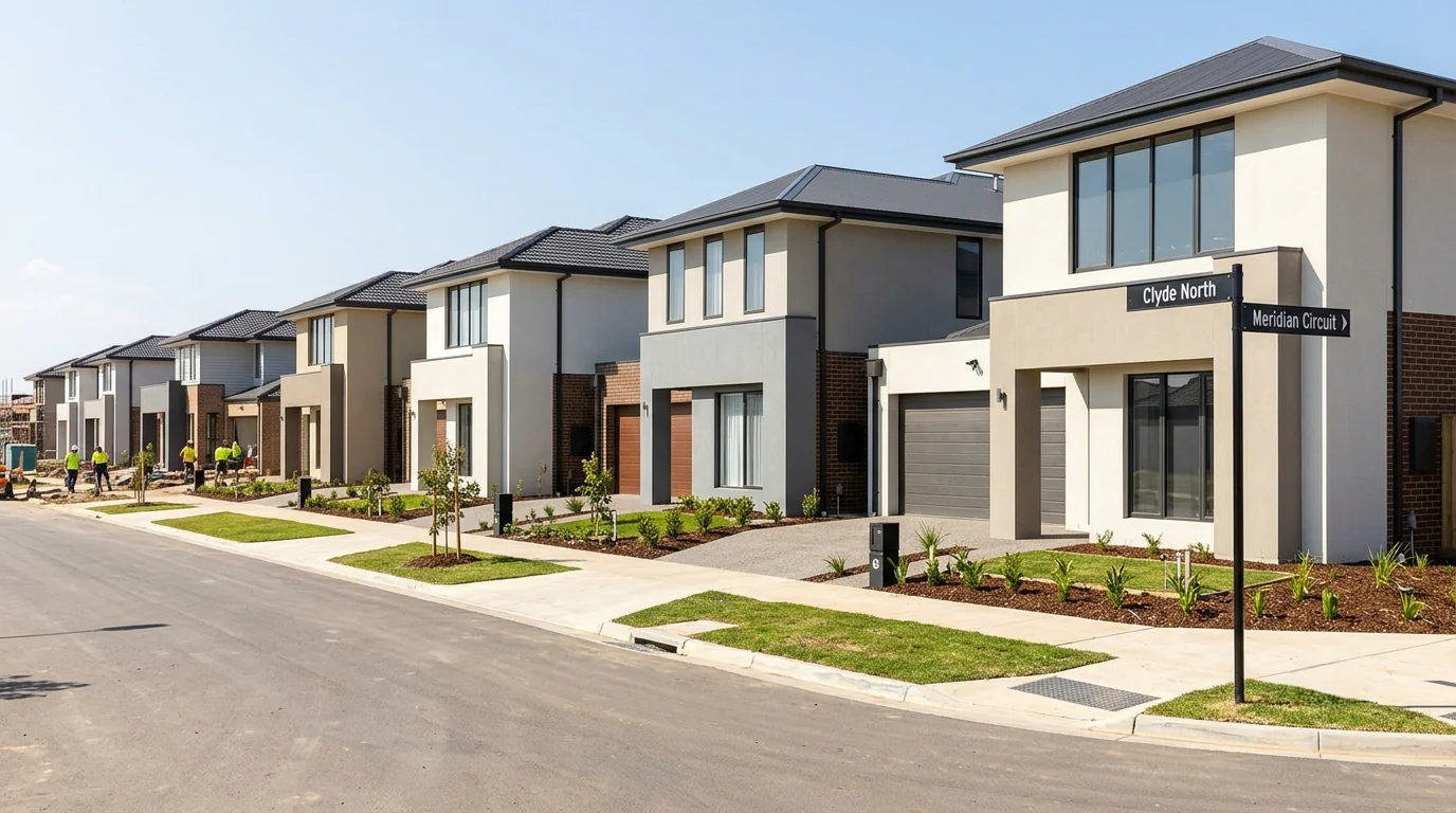 A street of newly built, freshly rendered single-storey homes in a new housing estate in Clyde North, Melbourne, consistent neutral render colours, new footpaths and street trees.