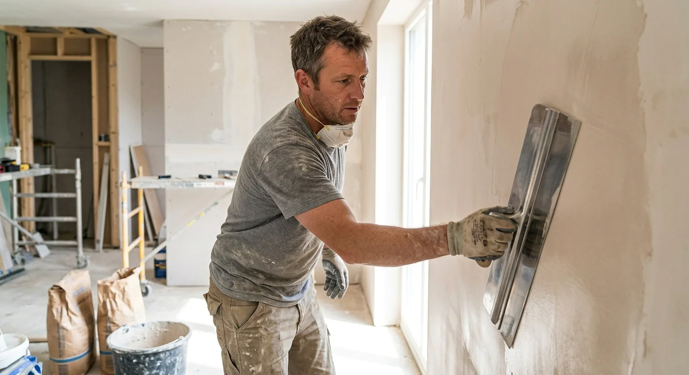 Tradesperson applying a smooth finishing coat of plaster to a wall