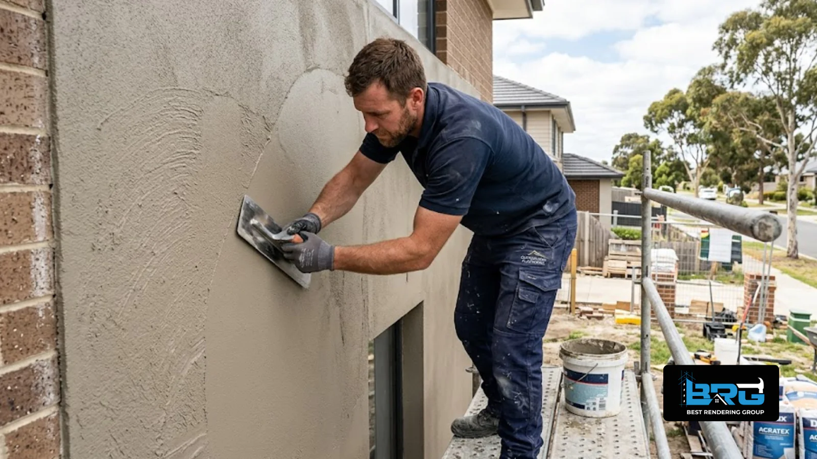 Tradesperson applying acrylic render to a house exterior with a steel trowel in Melbourne