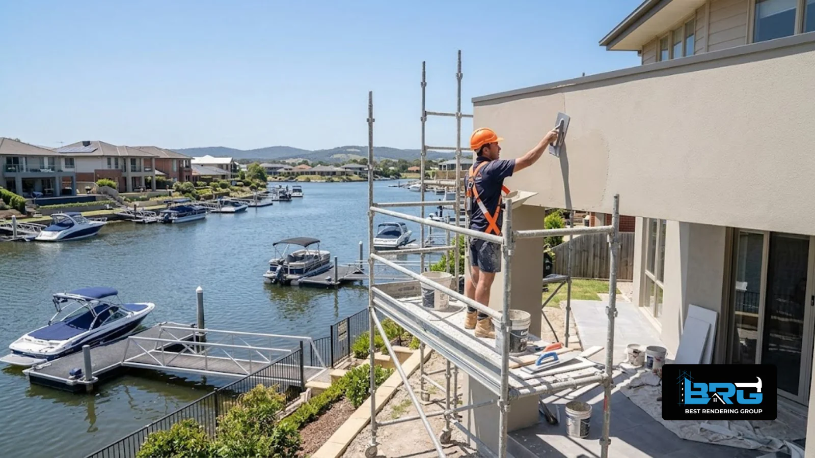 A tradesperson applying a smooth acrylic render finish to the exterior of a home near the water in Patterson Lakes, Melbourne, river visible in the background, bright daylight.