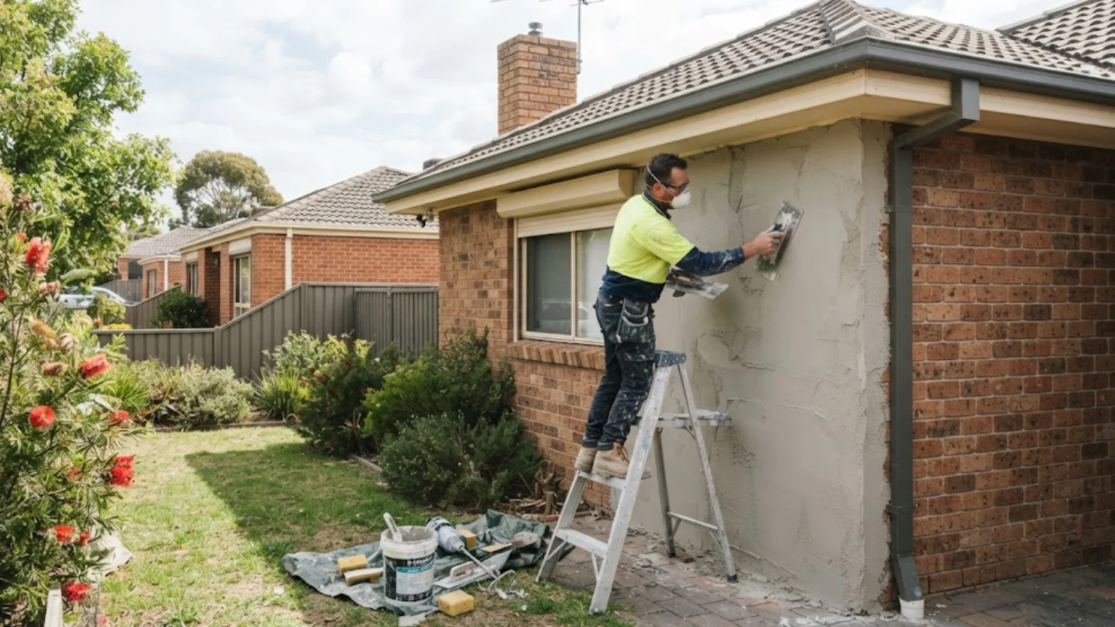 A tradesperson in work clothes applying acrylic render with a trowel to the brick veneer exterior of a single-storey suburban home in Cranbourne, Melbourne, ladder and render tools nearby, natural daylight.