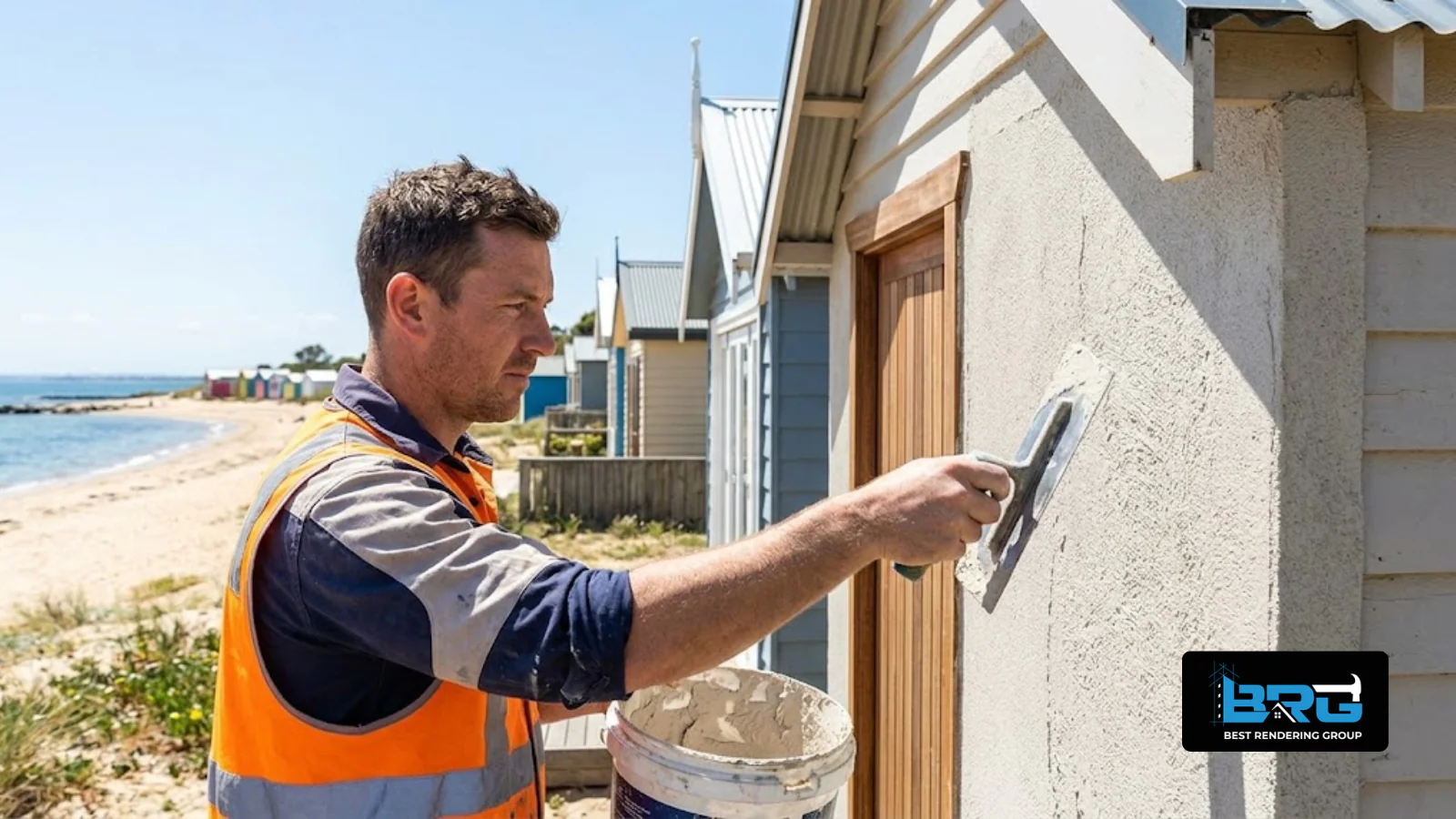 A tradesperson applying an acrylic render finish suited to coastal conditions on the exterior wall of a beach cottage near the Chelsea foreshore, Melbourne, glimpse of the bay in the background, bright coastal daylight.