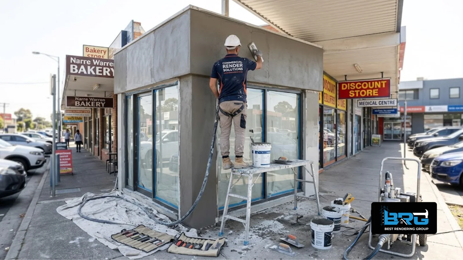 A tradesperson applying a smooth commercial-grade acrylic render finish to the facade of a small retail shopfront near a busy suburban strip in Narre Warren, Melbourne, ladder and render tools visible.