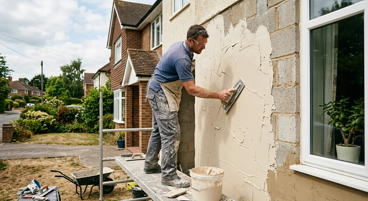 Tradesperson applying exterior wall plaster to a house facade