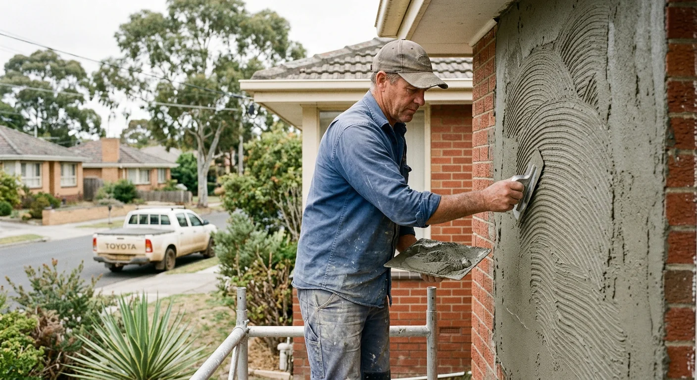 Tradesperson applying render to a house facade in Melbourne
