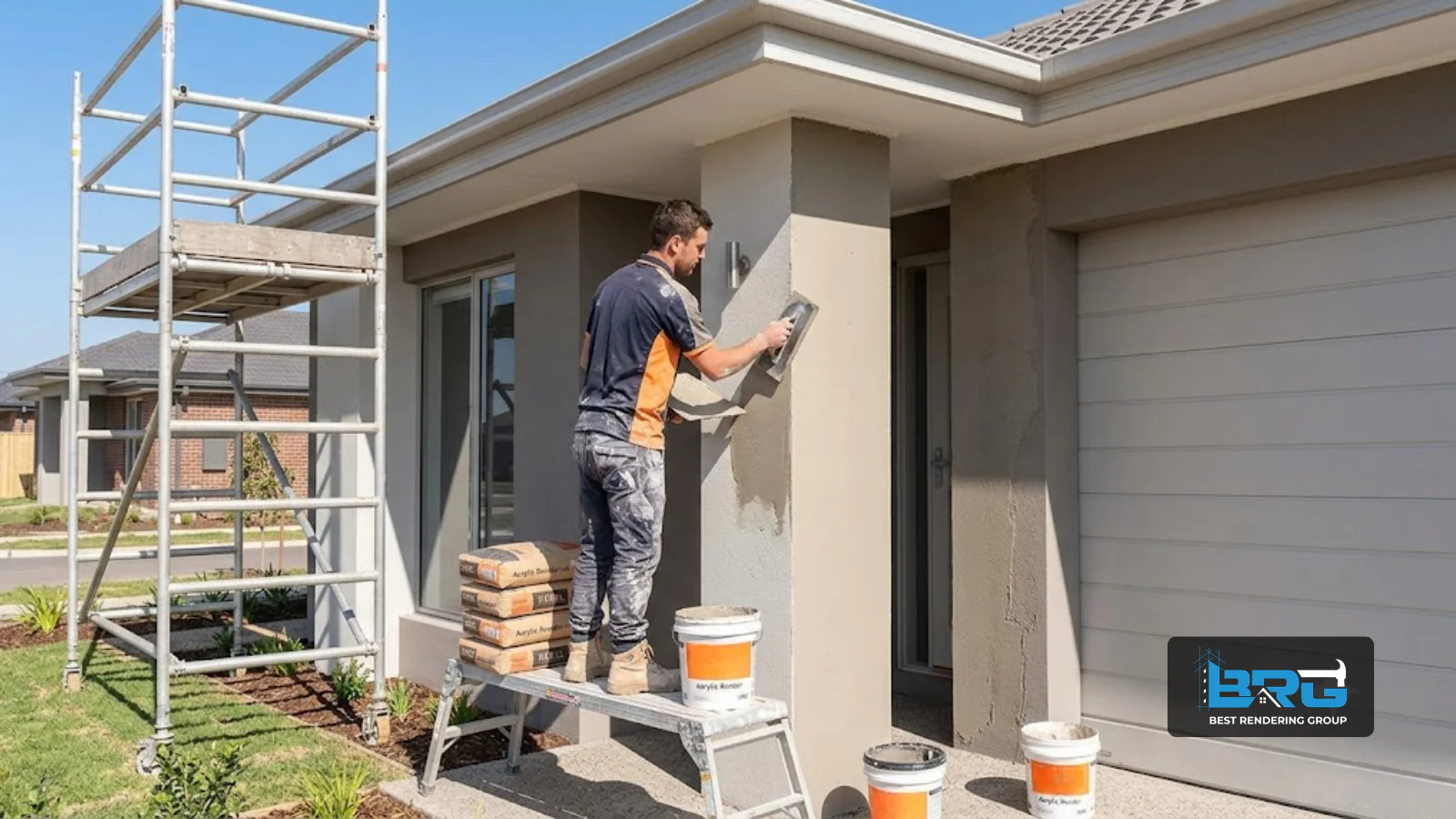 A tradesperson using a trowel to apply the final smooth acrylic render coat to the front facade of a new single-storey home in Clyde North, Melbourne, scaffolding to one side, clear daytime sky.